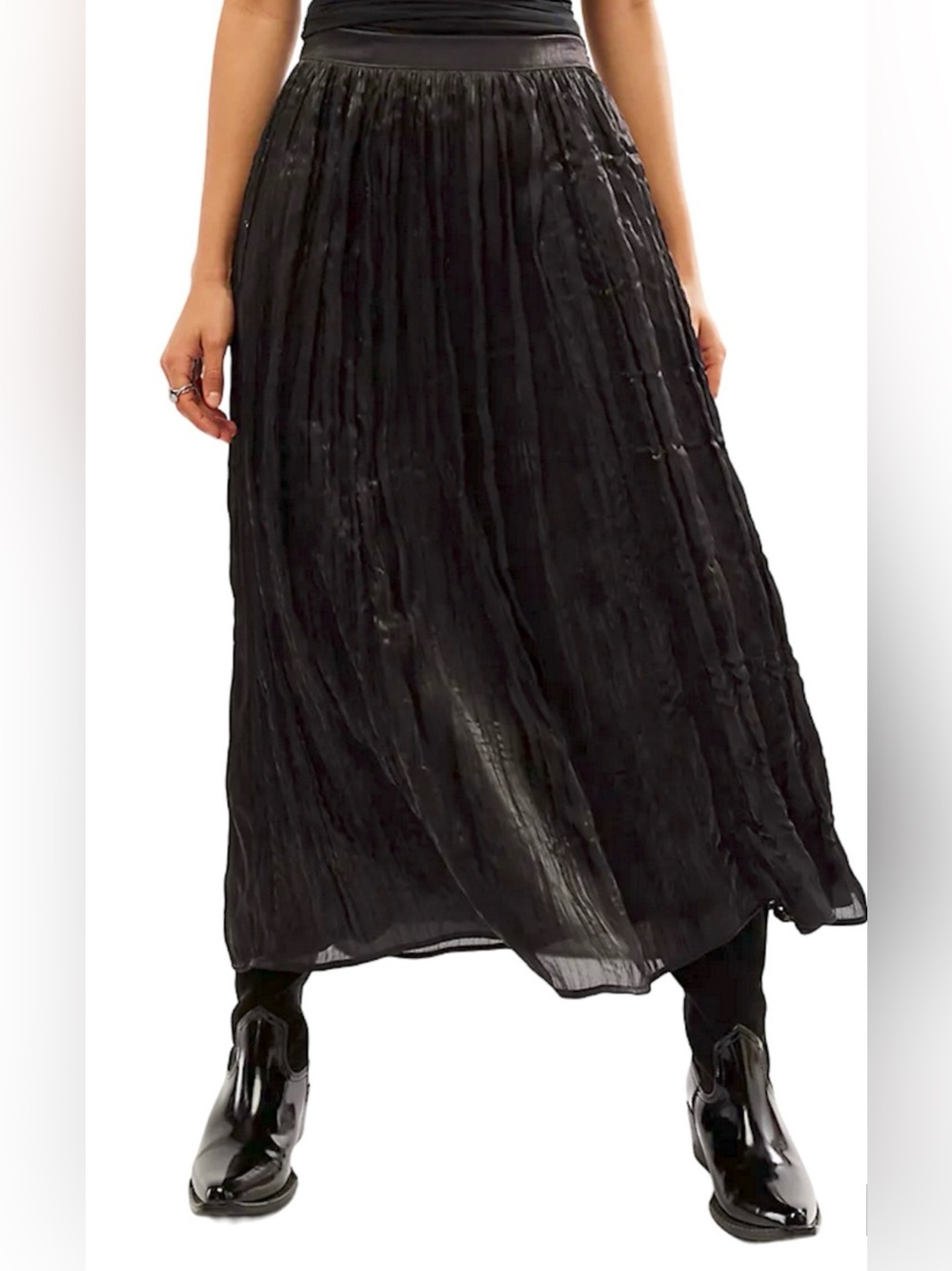 NEW FREE PEOPLE BLACK VERA CITY CRINKLE PLEATED MAXI SKIRT OB1867805 SZ 0